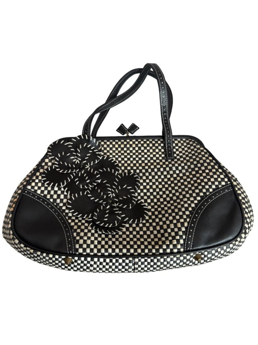 Isabella Fiore Black White Woven Checkerboard Satchel Bag Frame One Size Women's